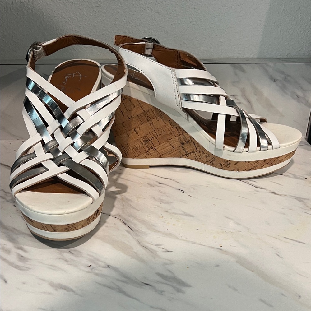 Franco Sarto White and Silver Wedge Sandals
